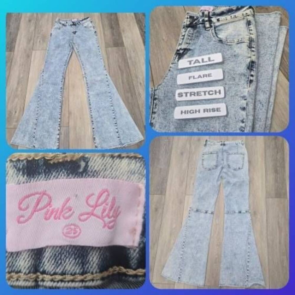 Pink Lily Acid Wash Bellbottom Jeans light blue flare vintage style size 26 2